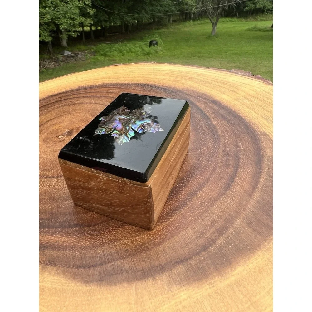 Wood Trinket Jewelry Box Abalone Mother of Pearl Maple Leaf Inlay Lacquer Lid
